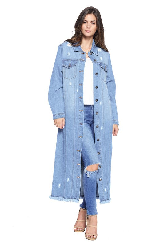Long Distressed Washed Denim Jacket
