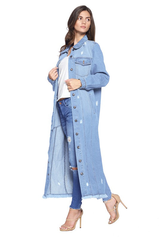 Long Distressed Washed Denim Jacket