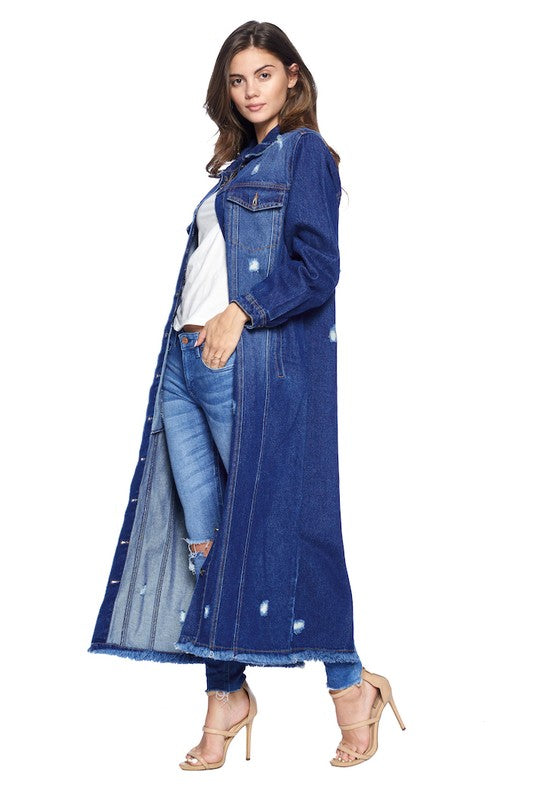 Long Distressed Washed Denim Jacket