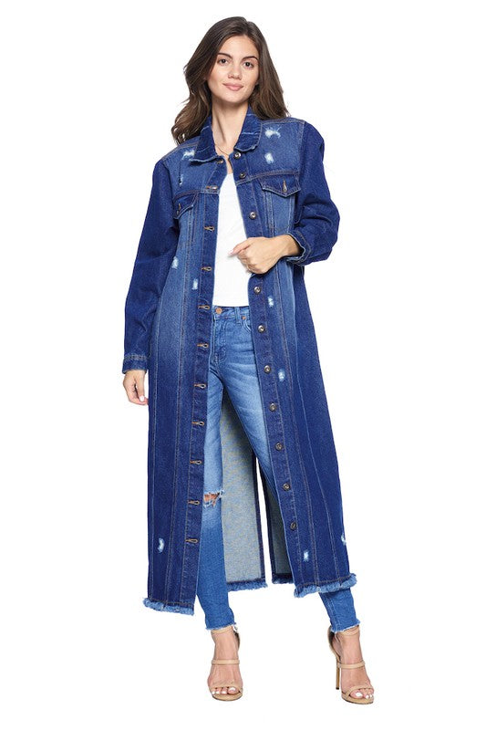 Long Distressed Washed Denim Jacket