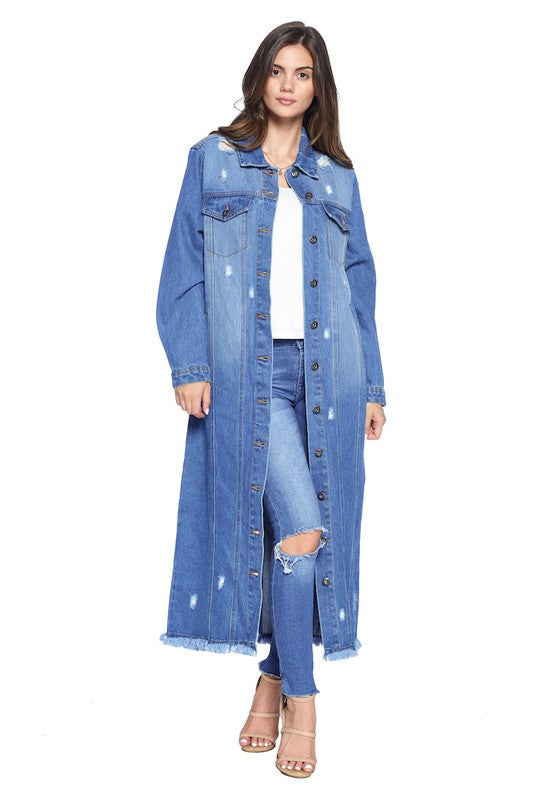 Long Distressed Washed Denim Jacket