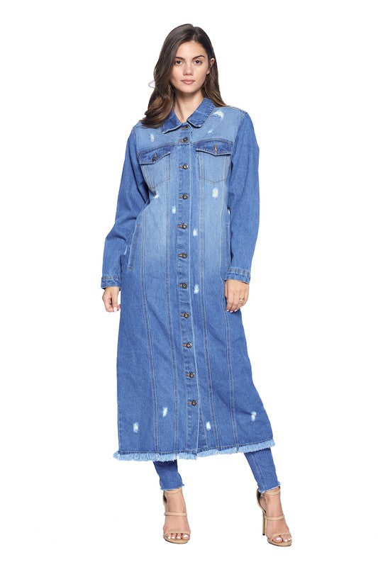 Long Distressed Washed Denim Jacket