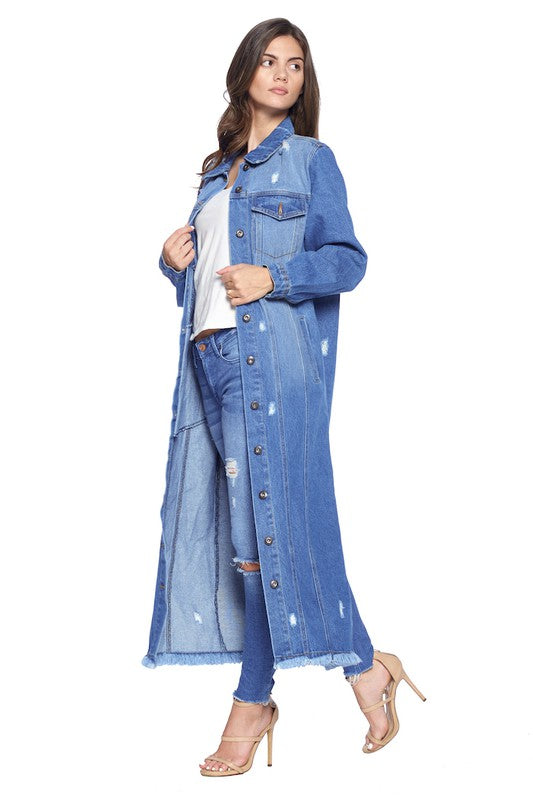 Long Distressed Washed Denim Jacket