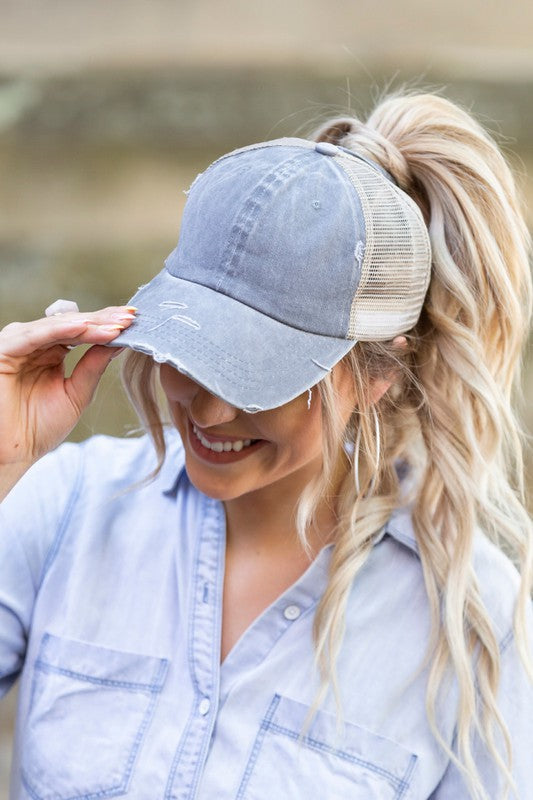 Messy Bun Distressed Denim Cap- Ponytail