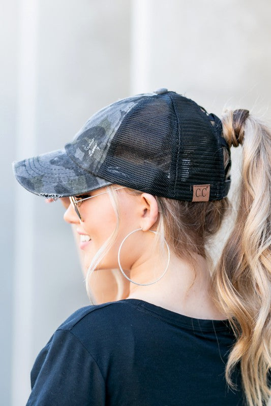 CC Camo Criss-Cross Ponytail Ball Caps