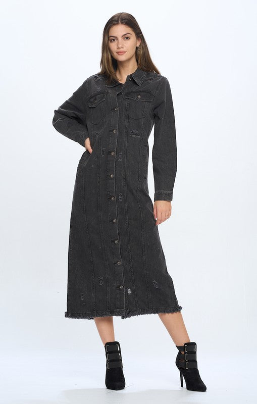 Long Distressed Washed Denim Jacket