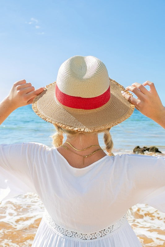 Fedora Straw Hat-Panama-Fray-Edge Color Block
