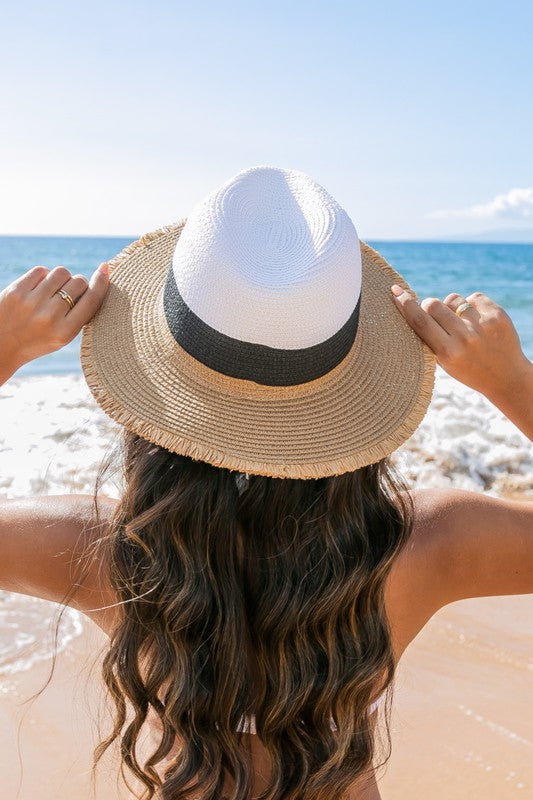 Fedora Straw Hat-Panama-Fray-Edge Color Block