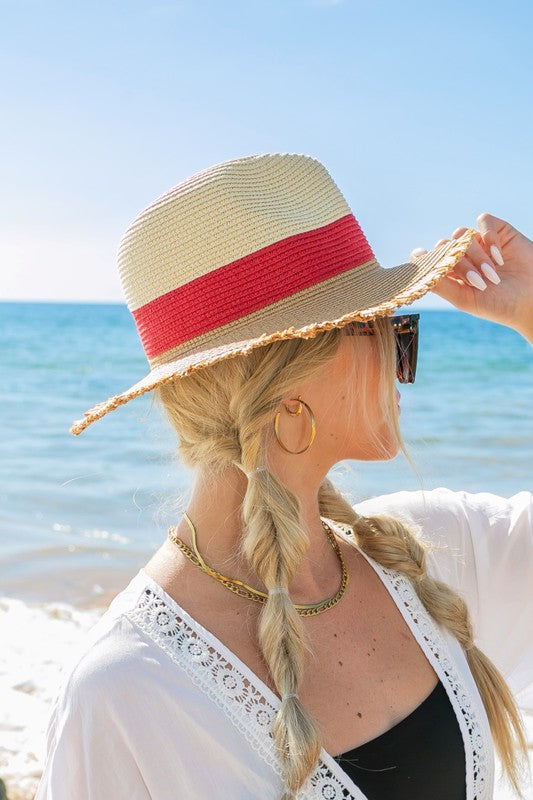 Fedora Straw Hat-Panama-Fray-Edge Color Block