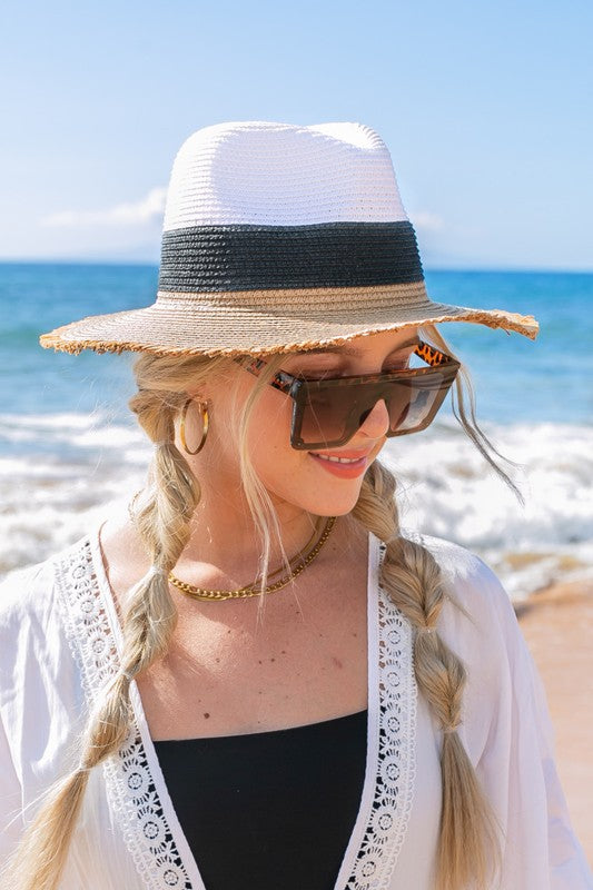 Fedora Straw Hat-Panama-Fray-Edge Color Block