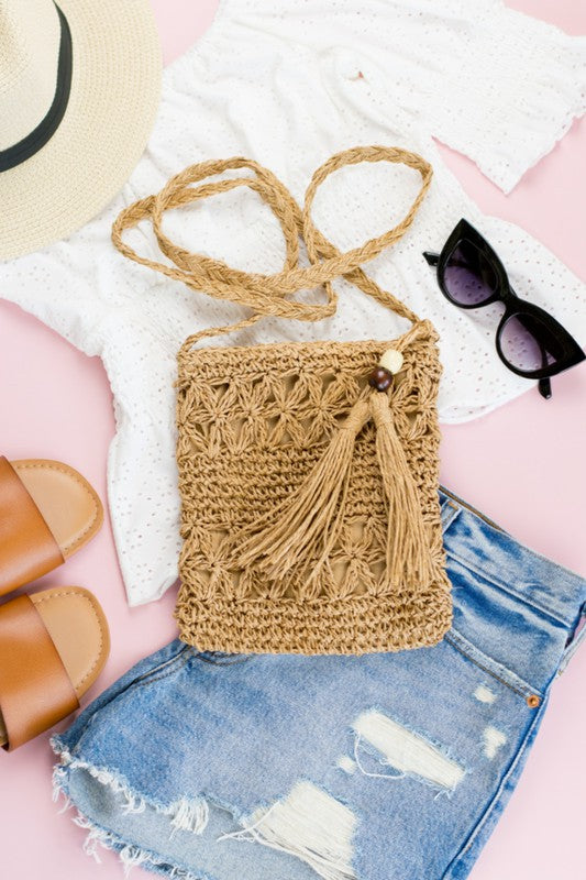 Boho Woven Straw Tassel Accent Crossbody
