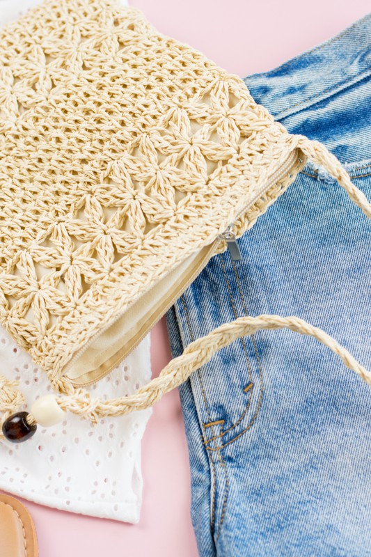 Boho Woven Straw Tassel Accent Crossbody
