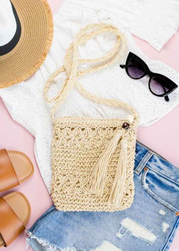 Boho Woven Straw Tassel Accent Crossbody