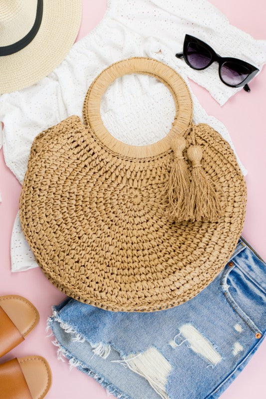 Boho Woven StrawTassel O-Ring Handbag