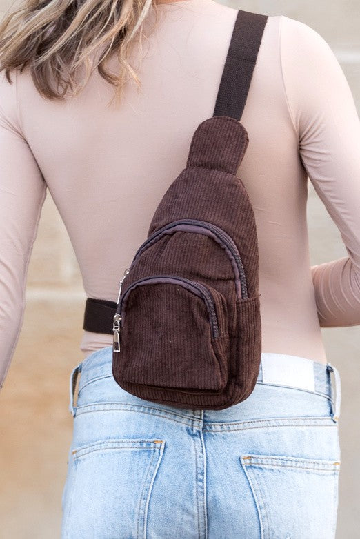 Corduroy Sling-Crossbody Bag with Double Zip
