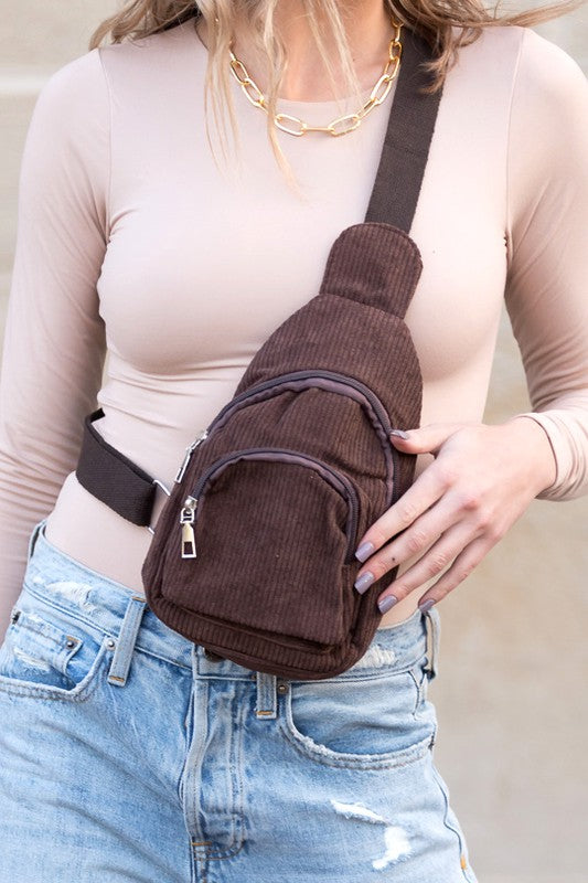 Corduroy Sling-Crossbody Bag with Double Zip