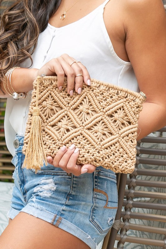 Macrame Clutch Boho Handbag with Tassel