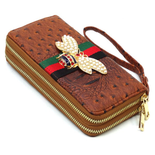 Queen Bee Wallet with Stripe Ostrich Croc-Double Zip Around Wallet
