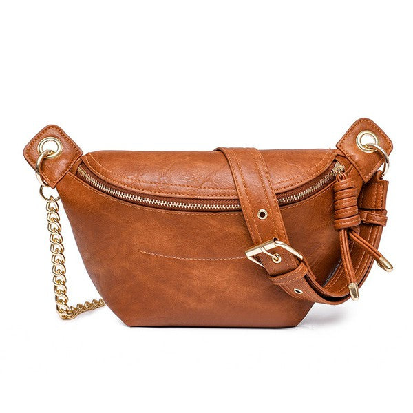 Crossbody Convertible-Luxe Vegan Leather Sling-Fanny Bag with Gold Chain Accent