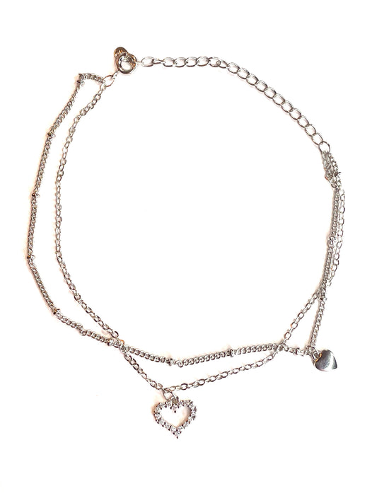 Sterling Silver Double Heart Charm Anklet Bracelet - adjustable