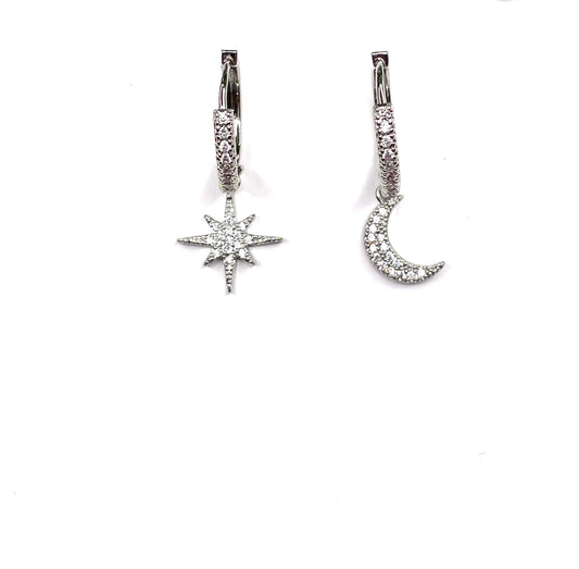 Sterling Silver Star Moon Celestial Huggie Earrings