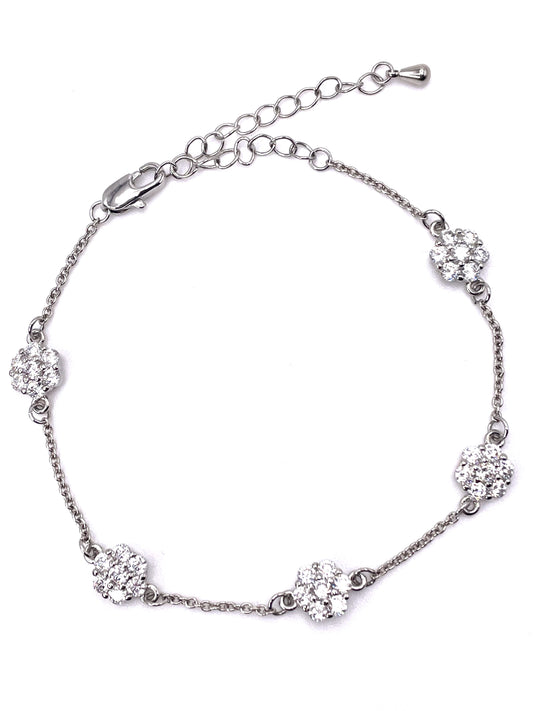 Silver Rhodium Flower Diamond Cluster Bracelet
