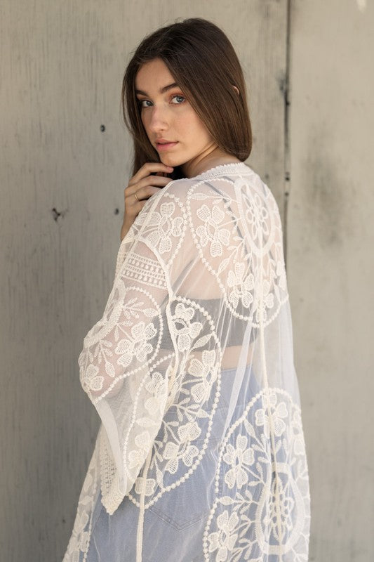 Kimono Mesh Cotton Lace Contrast