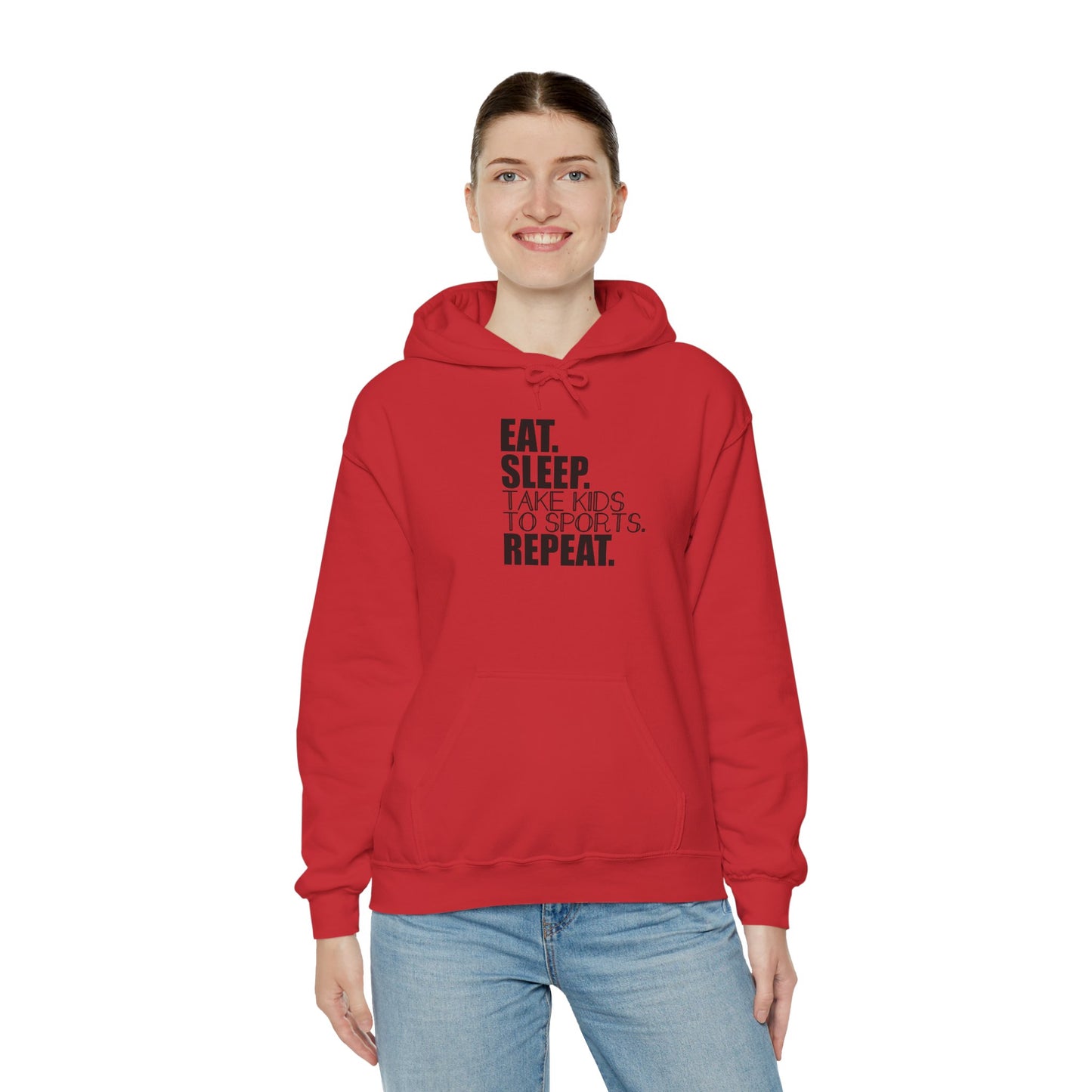 Unisex Heavy Blend™ Hooded Sweatshirt Reads, " Eat. Sleep. Take Kids to Sports. Repeat.