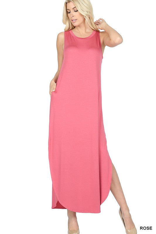 Sleeveless Maxi Dress with Side Slits and Pockets