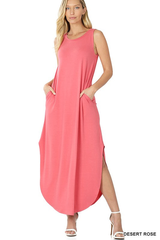 Sleeveless Maxi Dress with Side Slits and Pockets