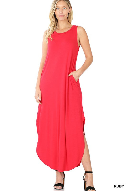 Sleeveless Maxi Dress with Side Slits and Pockets