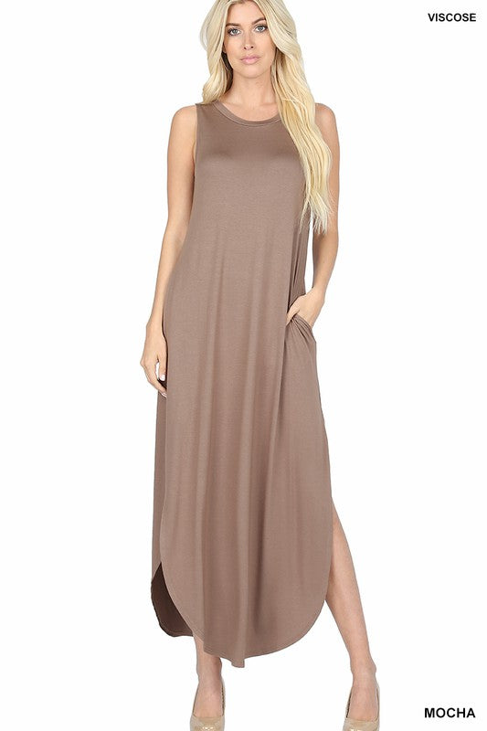 Sleeveless Maxi Dress with Side Slits and Pockets