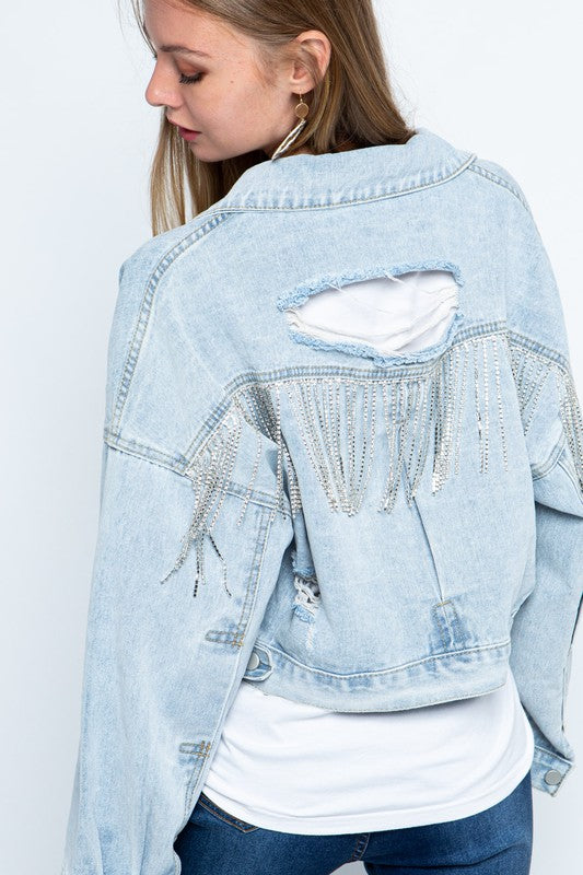 Fringe Denim Jacket Distressed Rhinestone