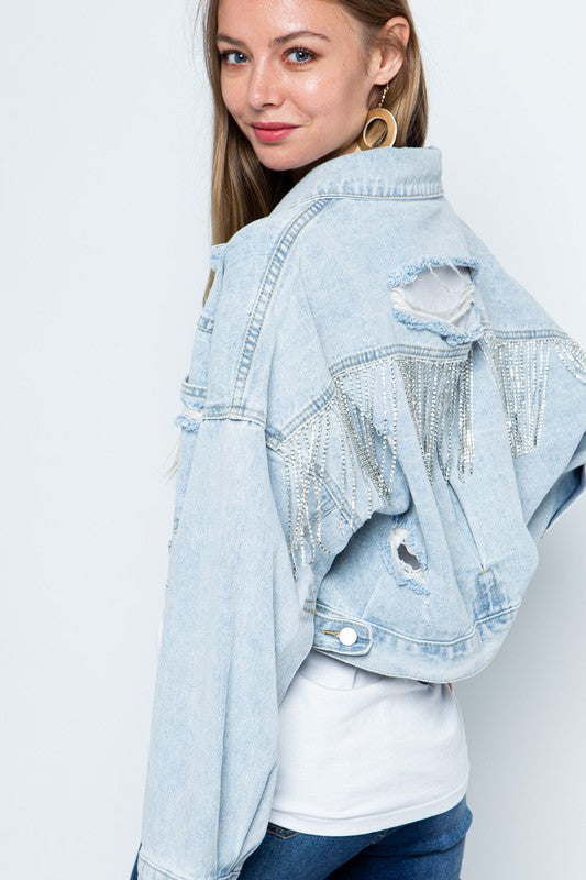 Fringe Denim Jacket Distressed Rhinestone