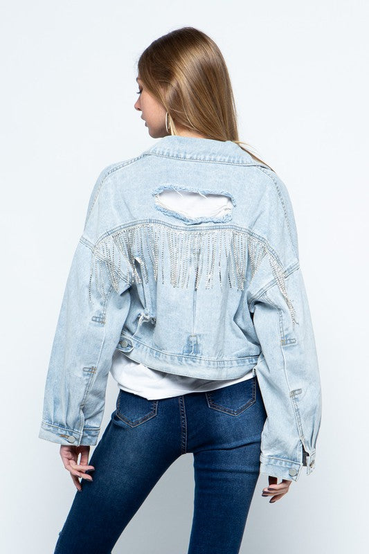 Fringe Denim Jacket Distressed Rhinestone