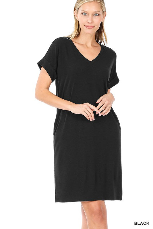 V-Neck Dress Women's Rolled Short Sleeve