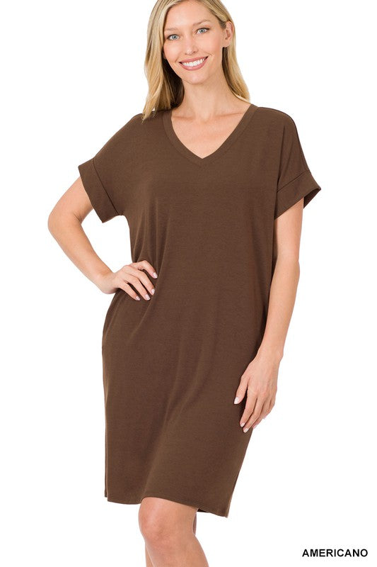 V-Neck Dress Women's Rolled Short Sleeve