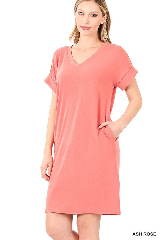 V-Neck Dress Women's Rolled Short Sleeve