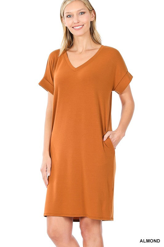 V-Neck Dress Women's Rolled Short Sleeve