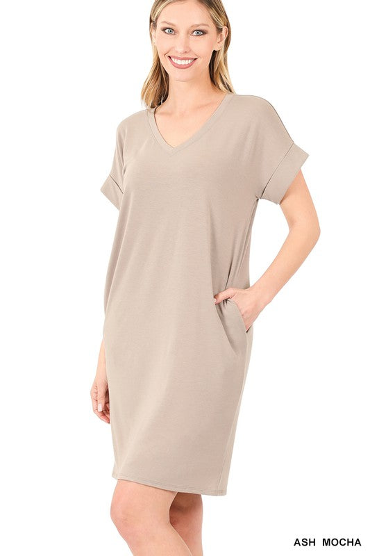 V-Neck Dress Women's Rolled Short Sleeve