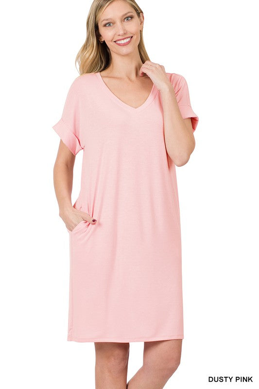 V-Neck Dress Women's Rolled Short Sleeve