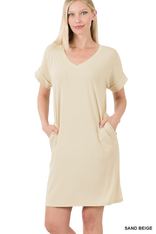 V-Neck Dress Women's Rolled Short Sleeve