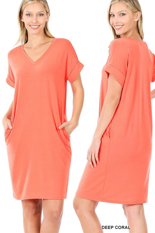 V-Neck Dress Women's Rolled Short Sleeve