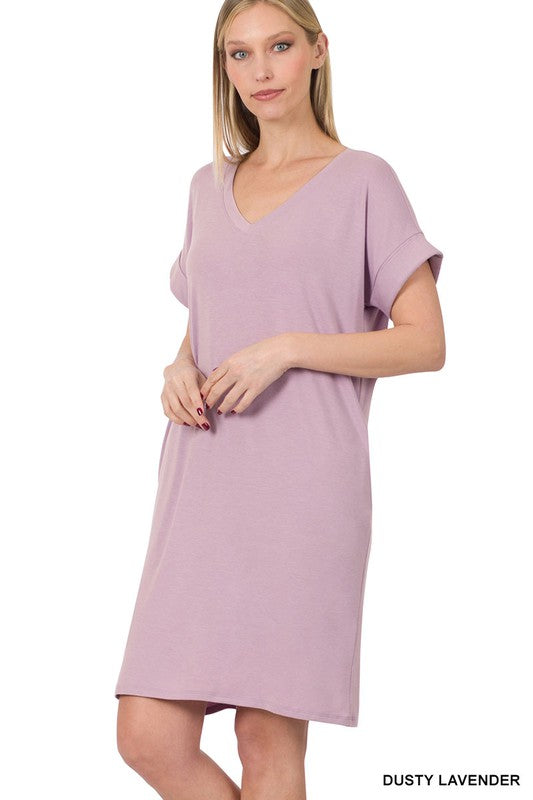 V-Neck Dress Women's Rolled Short Sleeve