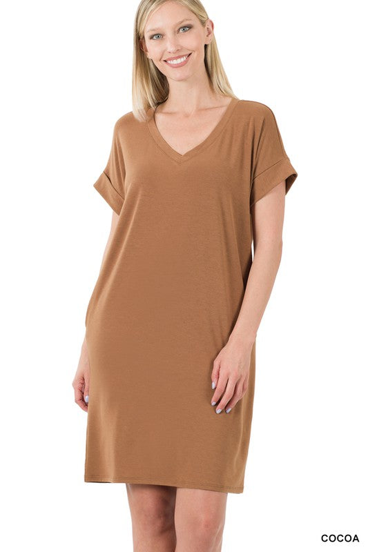 V-Neck Dress Women's Rolled Short Sleeve