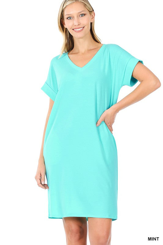 V-Neck Dress Women's Rolled Short Sleeve