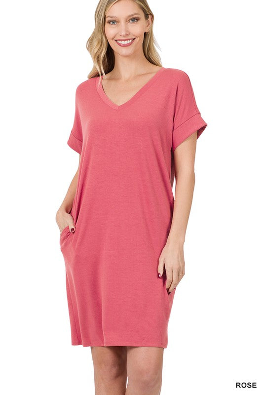 V-Neck Dress Women's Rolled Short Sleeve