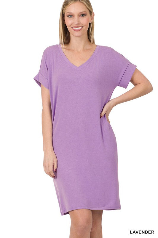 V-Neck Dress Women's Rolled Short Sleeve