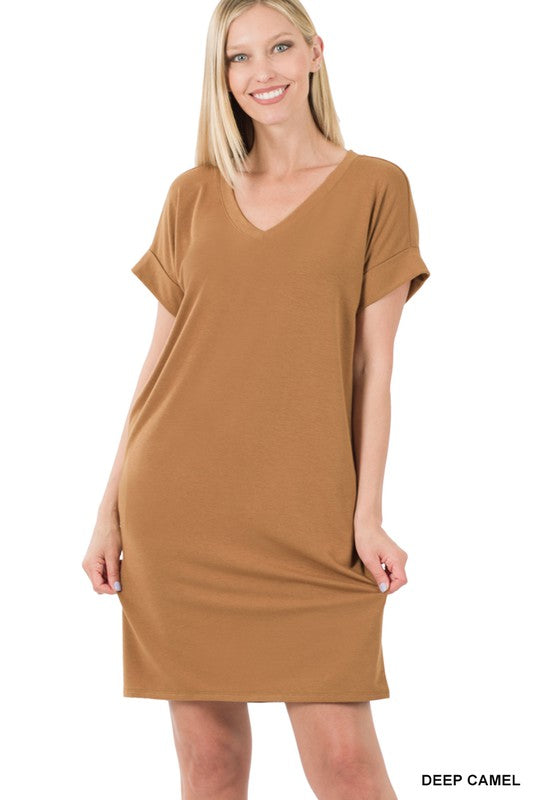 V-Neck Dress Women's Rolled Short Sleeve