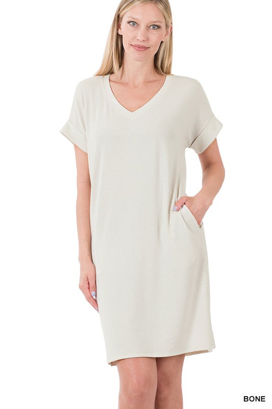 V-Neck Dress Women's Rolled Short Sleeve